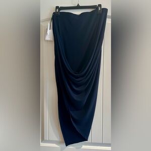 1. STATE Womens Navy Ruched Tea-Length Hi-Lo Casual Skirt